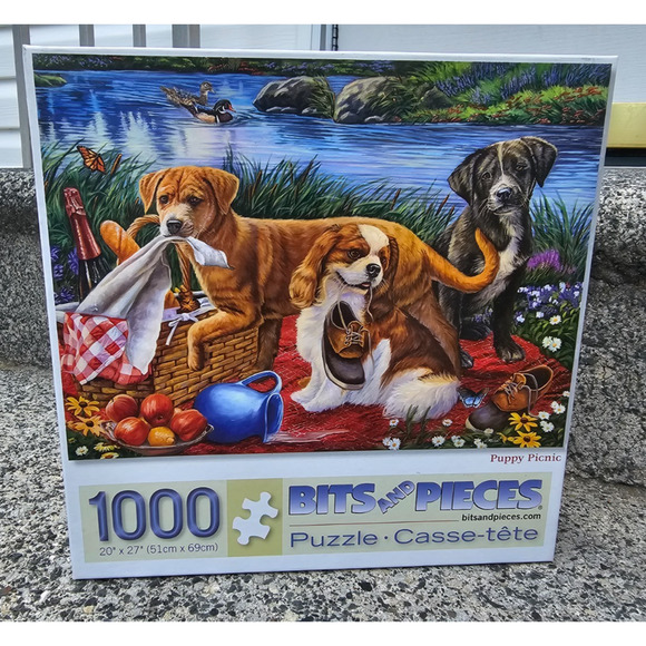 Bits and Pieces Puppy Picnic 1000 Piece Jigsaw Puzzle 20" x 27" Dogs - Picture 1 of 2